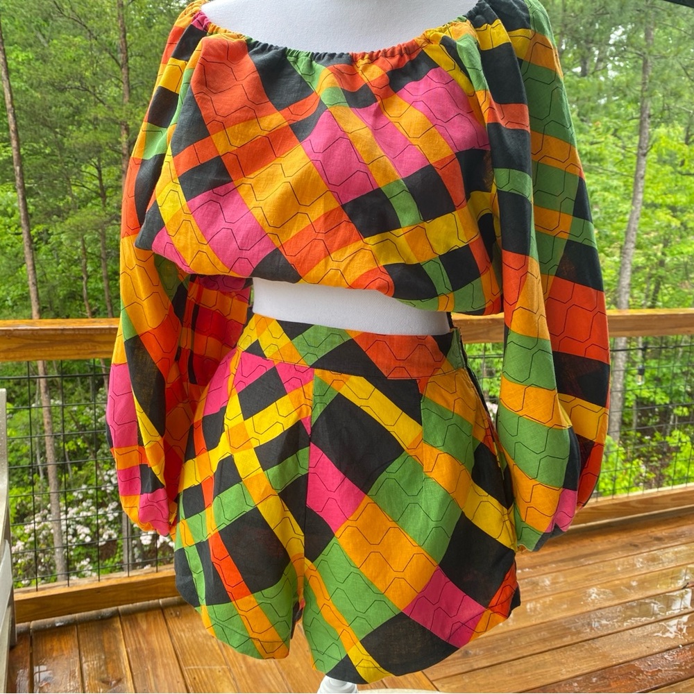 s/w/f boutique Artista Orange Pink Billow Sleeve Top & Shorts Small 100% Linen - Picture 5 of 17